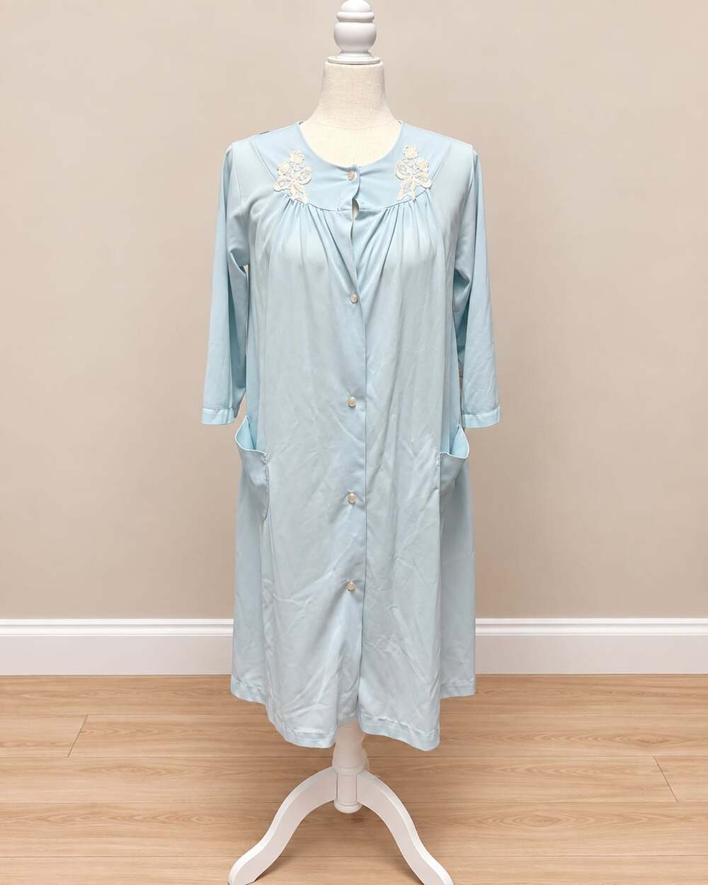 Shadowline Light Blue Button Front Robe With Floral Lace Yoke
